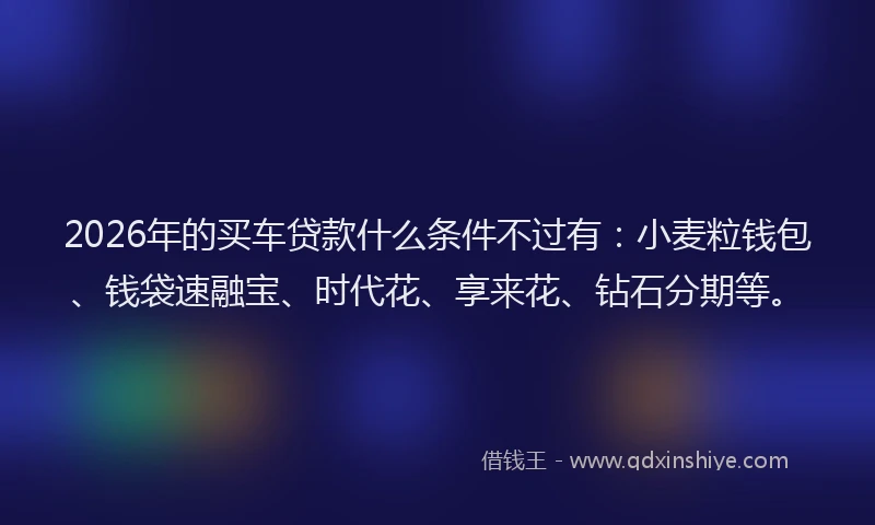 2026年的买车贷款什么条件不过有：小麦粒钱包、钱袋速融宝、时代花、享来花、钻石分期等。