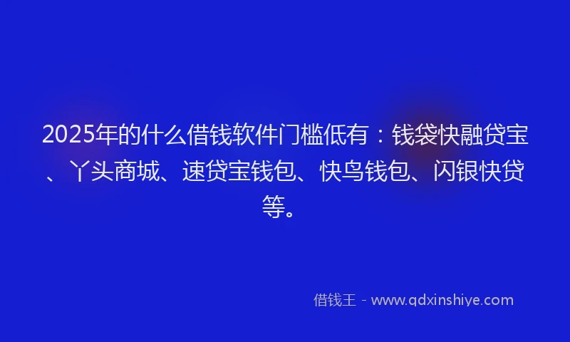 2025年的什么借钱软件门槛低有：钱袋快融贷宝、丫头商城、速贷宝钱包、快鸟钱包、闪银快贷等。