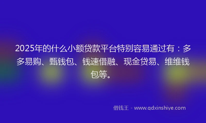 2025年的什么小额贷款平台特别容易通过有：多多易购、甄钱包、钱速借融、现金贷易、维维钱包等。