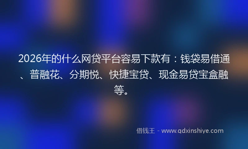 2026年的什么网贷平台容易下款有：钱袋易借通、普融花、分期悦、快捷宝贷、现金易贷宝盒融等。