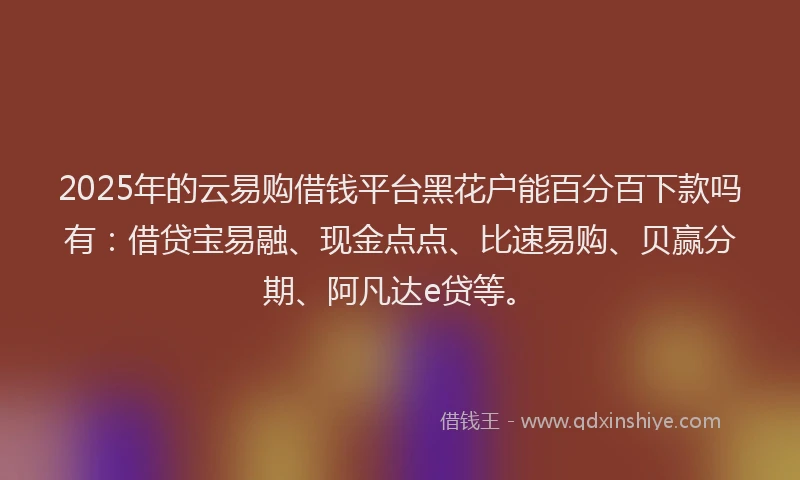 2025年的云易购借钱平台黑花户能百分百下款吗有：借贷宝易融、现金点点、比速易购、贝赢分期、阿凡达e贷等。