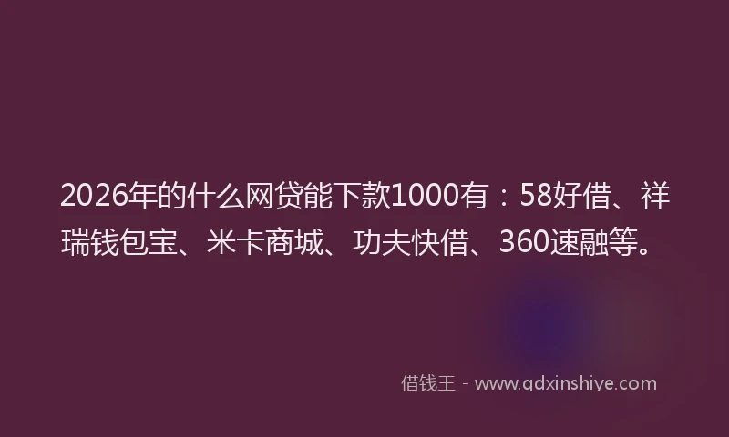 2026年的什么网贷能下款1000有：58好借、祥瑞钱包宝、米卡商城、功夫快借、360速融等。