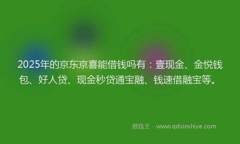 2025年的京东京喜能借钱吗有：壹现金、金悦钱包、好人贷、现金秒贷通宝融、钱速借融宝等。