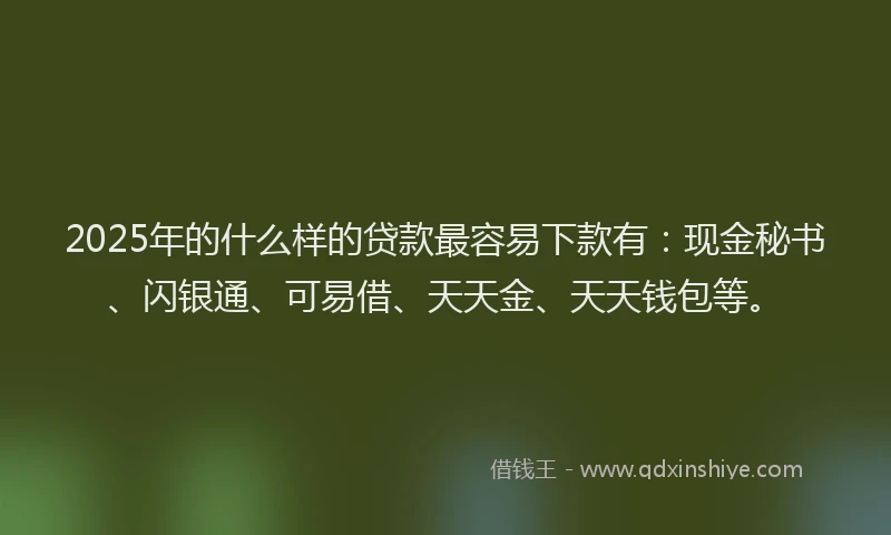 2025年的什么样的贷款最容易下款有:现金秘书、闪银通、可易借、天天金、天天钱包等。
