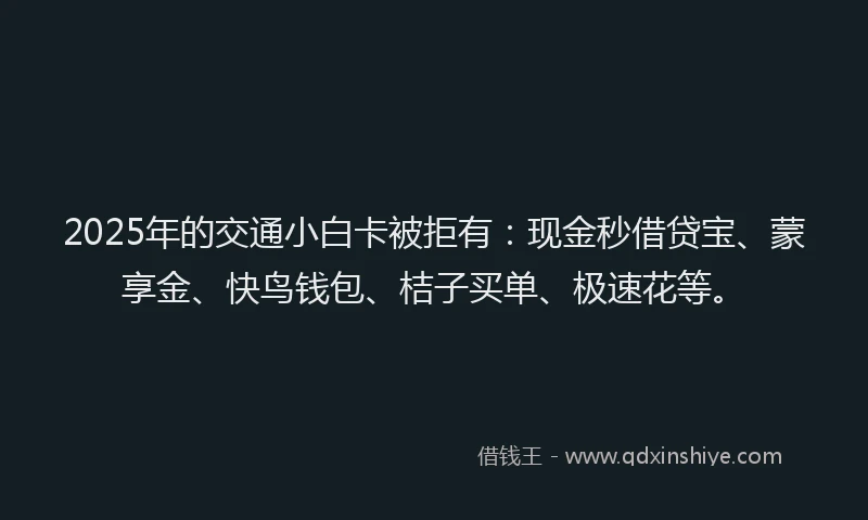 2025年的交通小白卡被拒有：现金秒借贷宝、蒙享金、快鸟钱包、桔子买单、极速花等。
