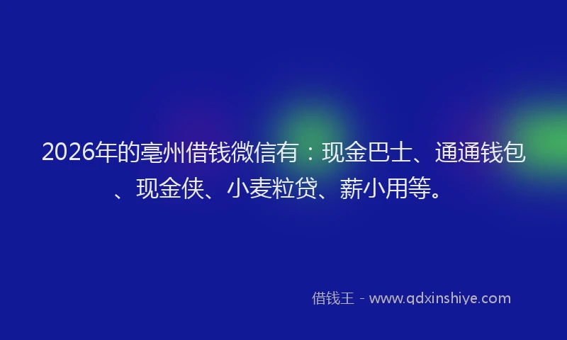 2026年的亳州借钱微信有：现金巴士、通通钱包、现金侠、小麦粒贷、薪小用等。