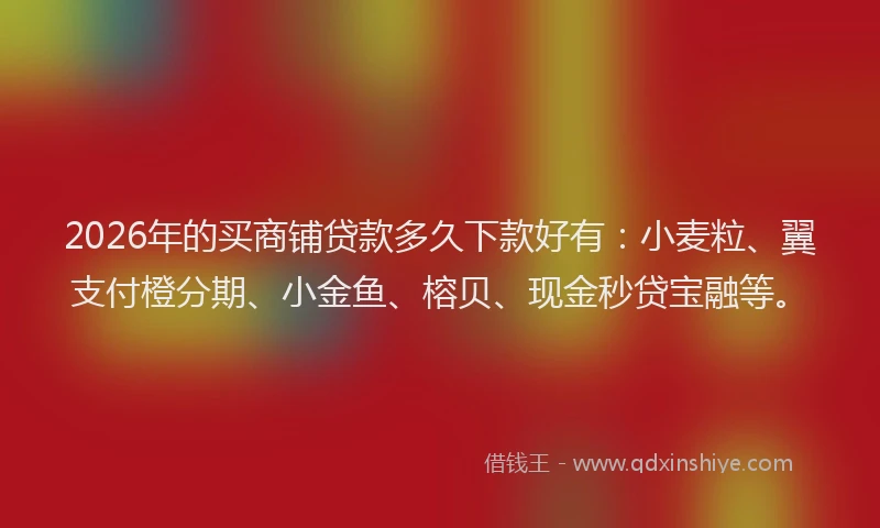 2026年的买商铺贷款多久下款好有：小麦粒、翼支付橙分期、小金鱼、榕贝、现金秒贷宝融等。