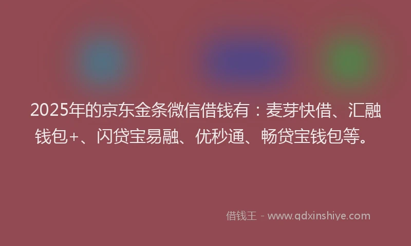 2025年的京东金条微信借钱有:麦芽快借、汇融钱包+、闪贷宝易融、优秒通、畅贷宝钱包等。