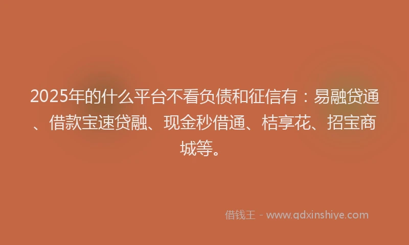 2025年的什么平台不看负债和征信有：易融贷通、借款宝速贷融、现金秒借通、桔享花、招宝商城等。