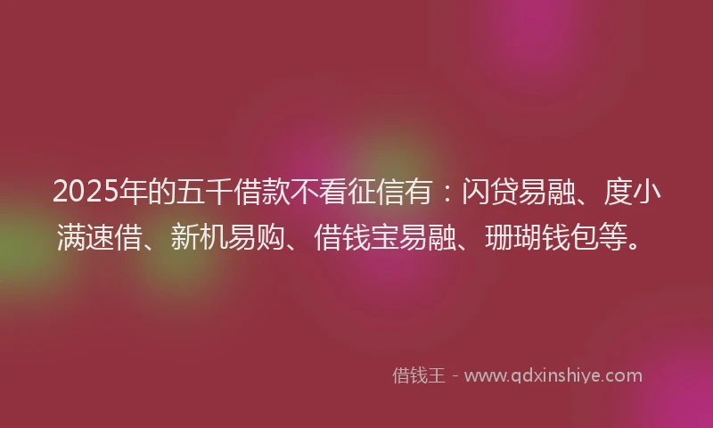2025年的五千借款不看征信有:闪贷易融、度小满速借、新机易购、借钱宝易融、珊瑚钱包等。