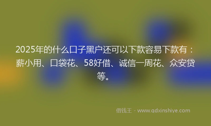 2025年的什么口子黑户还可以下款容易下款有：薪小用、口袋花、58好借、诚信一周花、众安贷等。