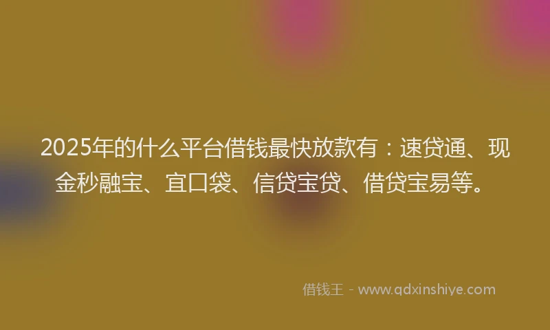 2025年的什么平台借钱最快放款有:速贷通、现金秒融宝、宜口袋、信贷宝贷、借贷宝易等。