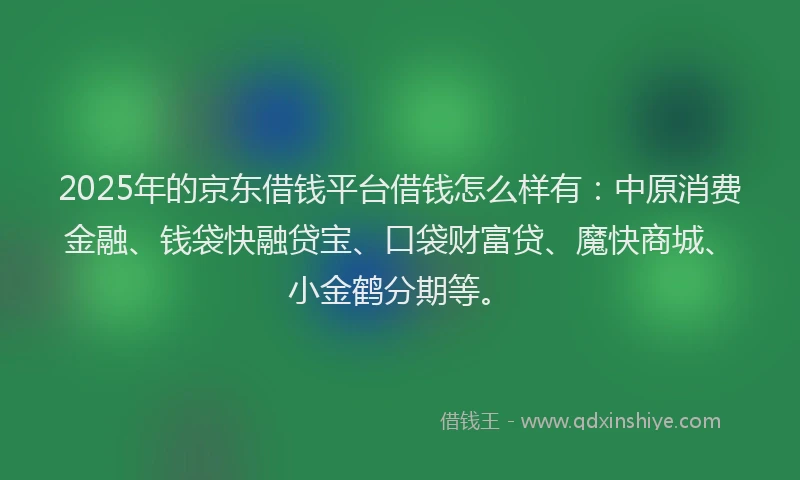 2025年的京东借钱平台借钱怎么样有:中原消费金融、钱袋快融贷宝、口袋财富贷、魔快商城、小金鹤分期等。