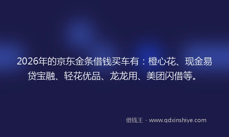 2026年的京东金条借钱买车有：橙心花、现金易贷宝融、轻花优品、龙龙用、美团闪借等。