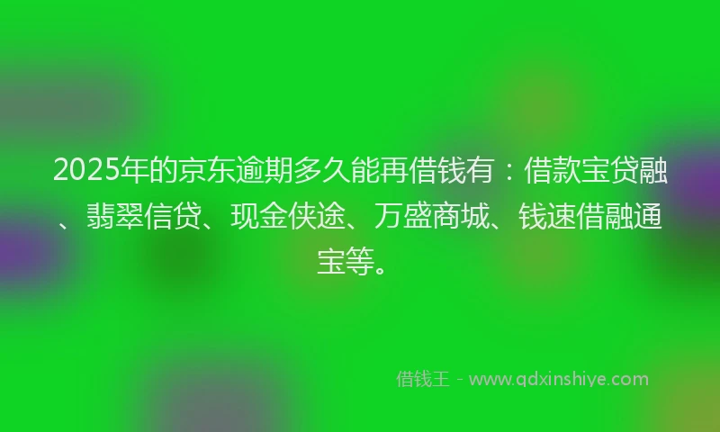 2025年的京东逾期多久能再借钱有:借款宝贷融、翡翠信贷、现金侠途、万盛商城、钱速借融通宝等。