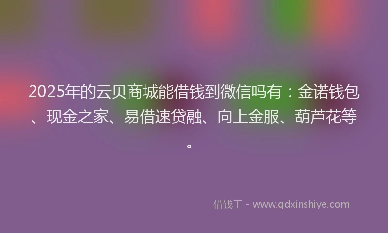 2025年的云贝商城能借钱到微信吗有:金诺钱包、现金之家、易借速贷融、向上金服、葫芦花等。