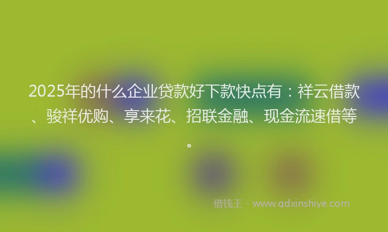 2025年的什么企业贷款好下款快点有：祥云借款、骏祥优购、享来花、招联金融、现金流速借等。