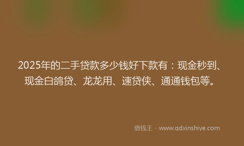 2025年的二手贷款多少钱好下款有：现金秒到、现金白鸽贷、龙龙用、速贷侠、通通钱包等。
