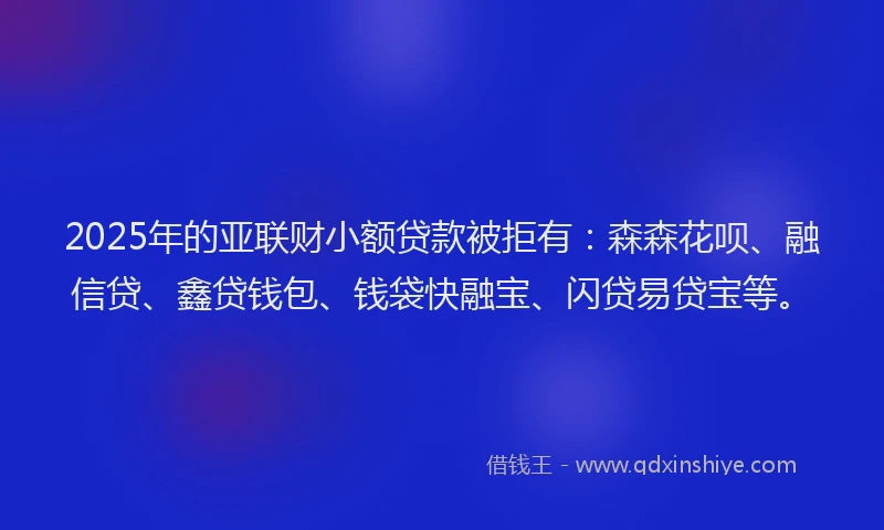 2025年的亚联财小额贷款被拒有：森森花呗、融信贷、鑫贷钱包、钱袋快融宝、闪贷易贷宝等。