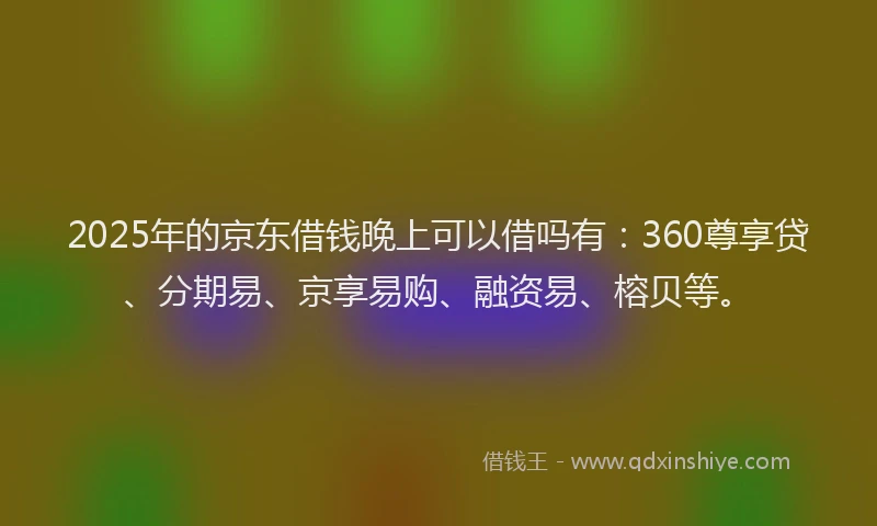 2025年的京东借钱晚上可以借吗有:360尊享贷、分期易、京享易购、融资易、榕贝等。