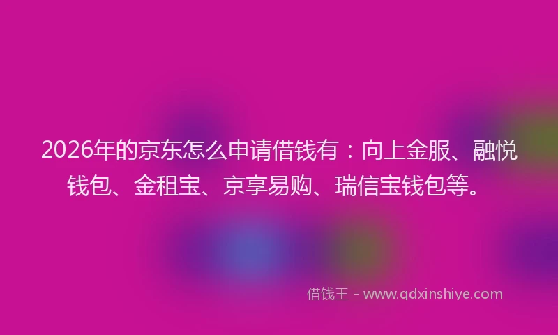 2026年的京东怎么申请借钱有：向上金服、融悦钱包、金租宝、京享易购、瑞信宝钱包等。