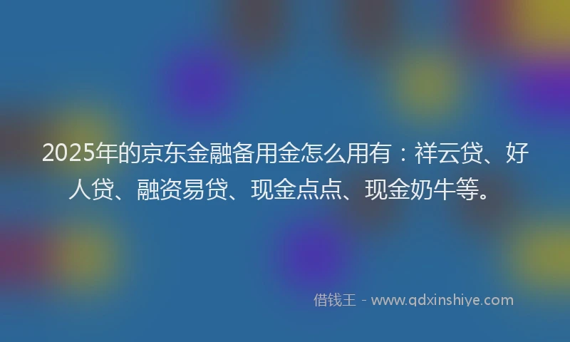 2025年的京东金融备用金怎么用有:祥云贷、好人贷、融资易贷、现金点点、现金奶牛等。