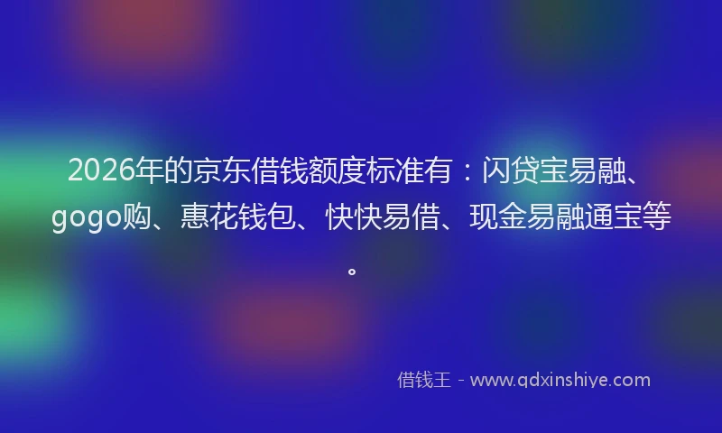 2026年的京东借钱额度标准有：闪贷宝易融、gogo购、惠花钱包、快快易借、现金易融通宝等。