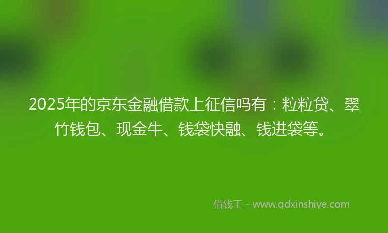 2025年的京东金融借款上征信吗有:粒粒贷、翠竹钱包、现金牛、钱袋快融、钱进袋等。