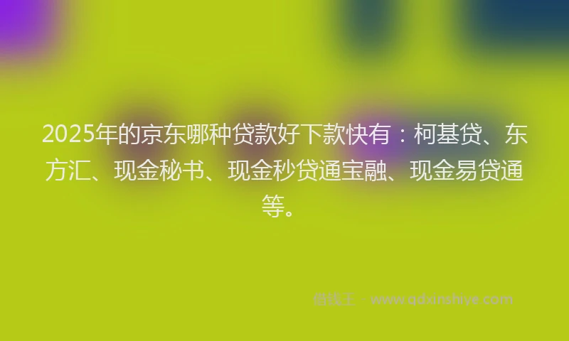 2025年的京东哪种贷款好下款快有：柯基贷、东方汇、现金秘书、现金秒贷通宝融、现金易贷通等。