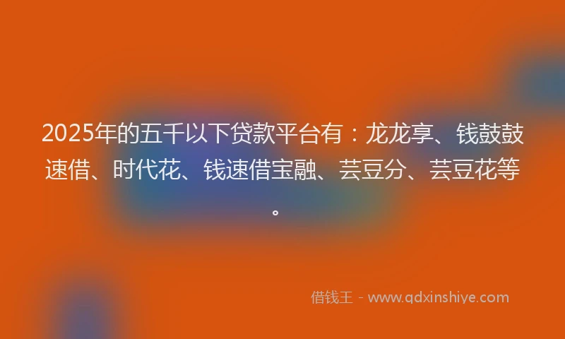 2025年的五千以下贷款平台有：龙龙享、钱鼓鼓速借、时代花、钱速借宝融、芸豆分、芸豆花等。