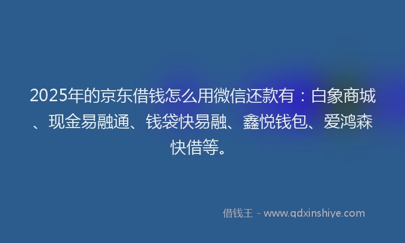 2025年的京东借钱怎么用微信还款有：白象商城、现金易融通、钱袋快易融、鑫悦钱包、爱鸿森快借等。