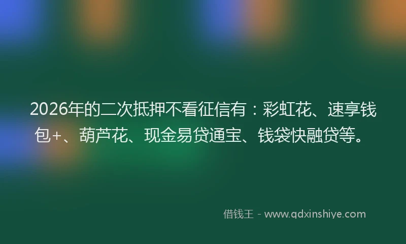 2026年的二次抵押不看征信有：彩虹花、速享钱包+、葫芦花、现金易贷通宝、钱袋快融贷等。
