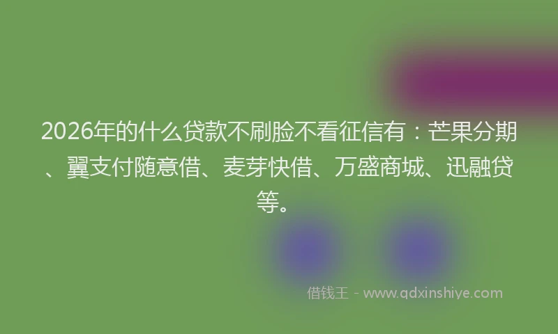 2026年的什么贷款不刷脸不看征信有：芒果分期、翼支付随意借、麦芽快借、万盛商城、迅融贷等。