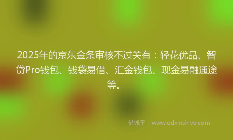 2025年的京东金条审核不过关有：轻花优品、智贷Pro钱包、钱袋易借、汇金钱包、现金易融通途等。