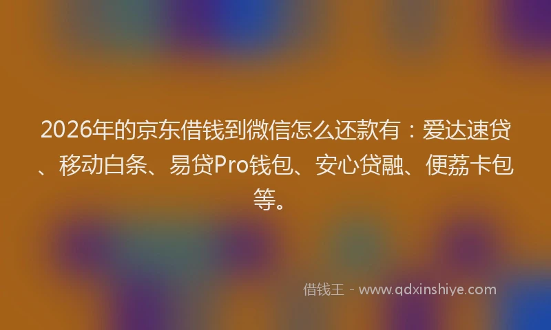 2026年的京东借钱到微信怎么还款有:爱达速贷、移动白条、易贷Pro钱包、安心贷融、便荔卡包等。