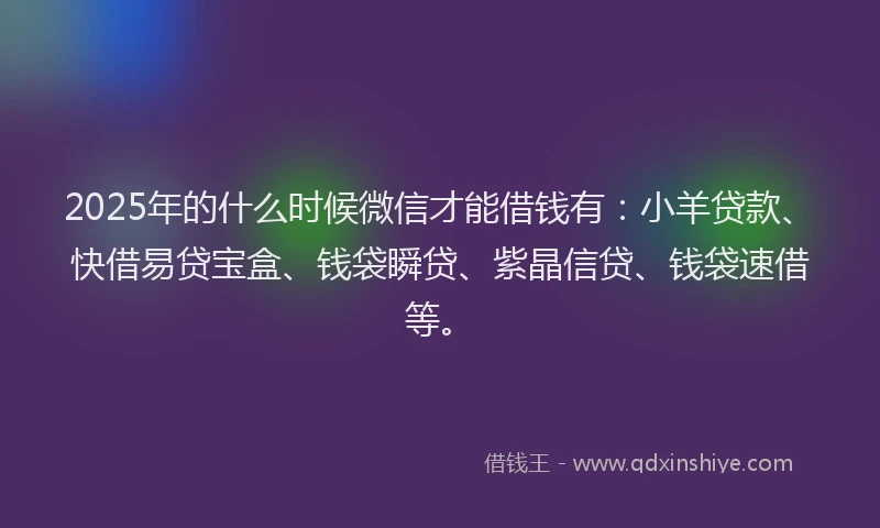 2025年的什么时候微信才能借钱有：小羊贷款、快借易贷宝盒、钱袋瞬贷、紫晶信贷、钱袋速借等。