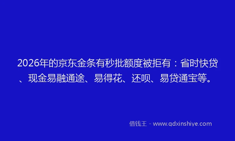 2026年的京东金条有秒批额度被拒有：省时快贷、现金易融通途、易得花、还呗、易贷通宝等。