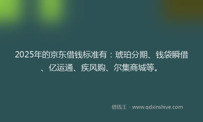 2025年的京东借钱标准有：琥珀分期、钱袋瞬借、亿运通、疾风购、尔集商城等。
