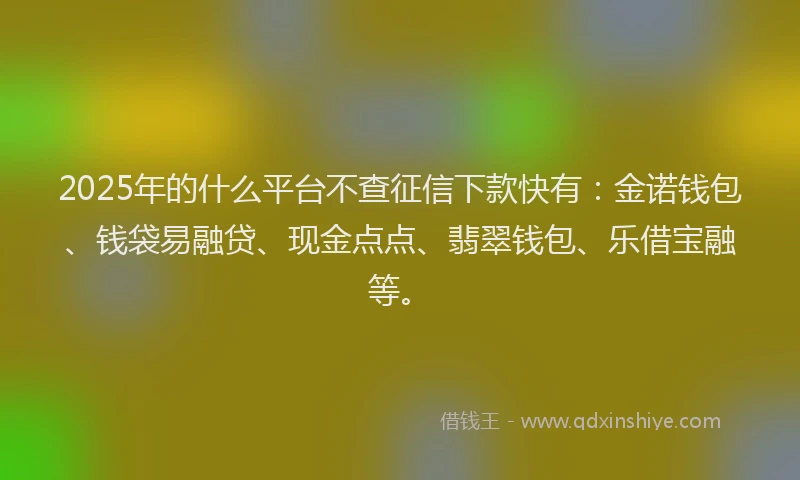 2025年的什么平台不查征信下款快有：金诺钱包、钱袋易融贷、现金点点、翡翠钱包、乐借宝融等。