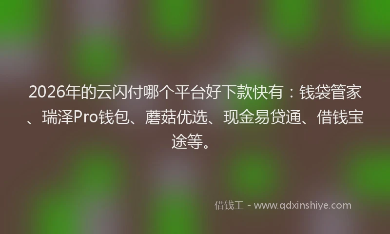 2026年的云闪付哪个平台好下款快有:钱袋管家、瑞泽Pro钱包、蘑菇优选、现金易贷通、借钱宝途等。