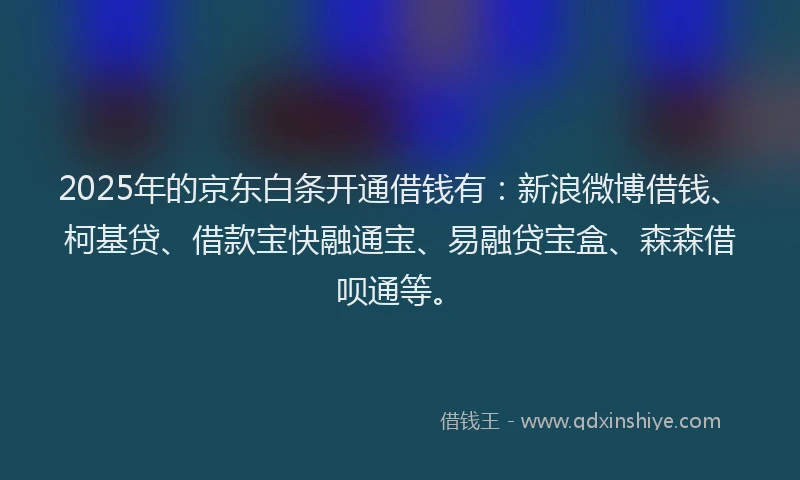 2025年的京东白条开通借钱有:新浪微博借钱、柯基贷、借款宝快融通宝、易融贷宝盒、森森借呗通等。