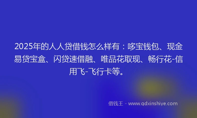 2025年的人人贷借钱怎么样有：哆宝钱包、现金易贷宝盒、闪贷速借融、唯品花取现、畅行花-信用飞-飞行卡等。