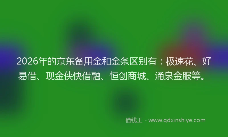 2026年的京东备用金和金条区别有：极速花、好易借、现金侠快借融、恒创商城、涌泉金服等。
