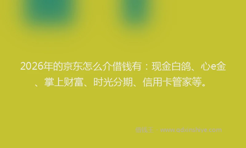 2026年的京东怎么介借钱有:现金白鸽、心e金、掌上财富、时光分期、信用卡管家等。