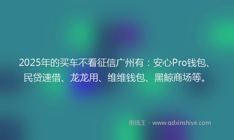 2025年的买车不看征信广州有：安心Pro钱包、民贷速借、龙龙用、维维钱包、黑鲸商场等。