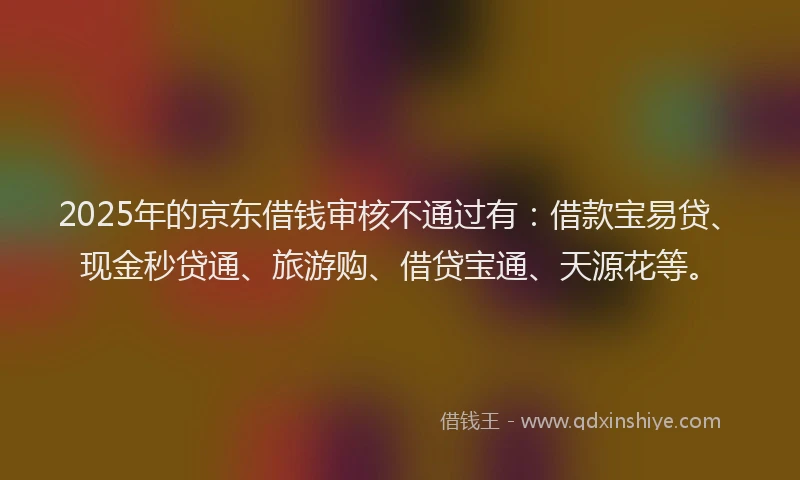 2025年的京东借钱审核不通过有：借款宝易贷、现金秒贷通、旅游购、借贷宝通、天源花等。