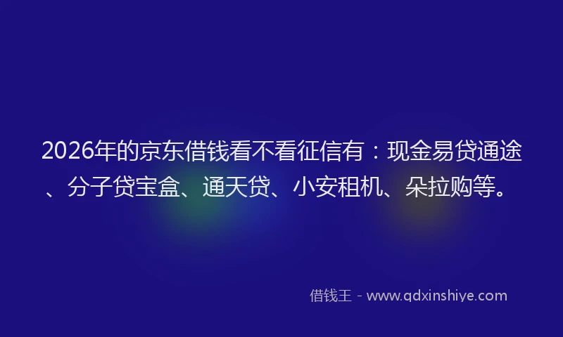 2026年的京东借钱看不看征信有：现金易贷通途、分子贷宝盒、通天贷、小安租机、朵拉购等。