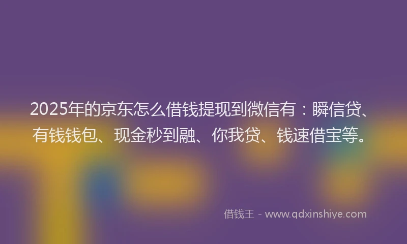 2025年的京东怎么借钱提现到微信有：瞬信贷、有钱钱包、现金秒到融、你我贷、钱速借宝等。