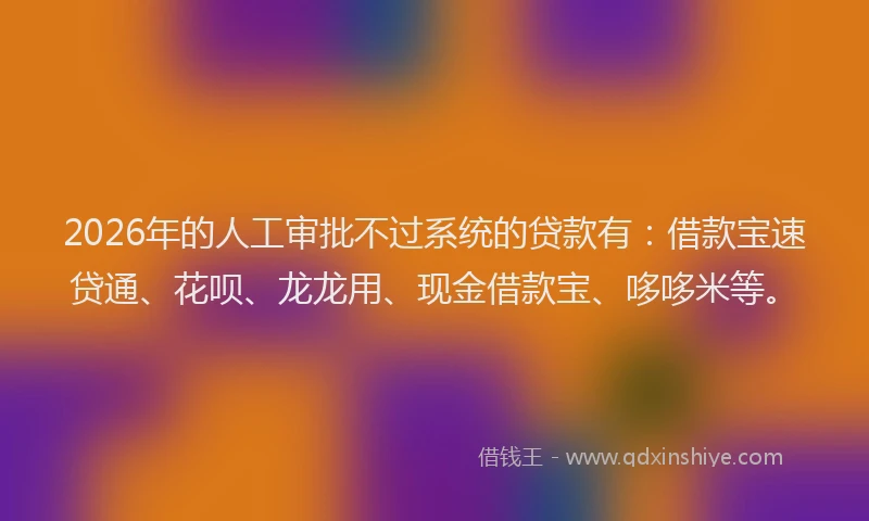 2026年的人工审批不过系统的贷款有：借款宝速贷通、花呗、龙龙用、现金借款宝、哆哆米等。