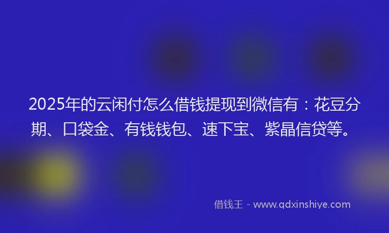 2025年的云闲付怎么借钱提现到微信有:花豆分期、口袋金、有钱钱包、速下宝、紫晶信贷等。
